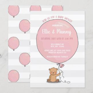 Bear with Balloon Baby Shower Invitation | Pink