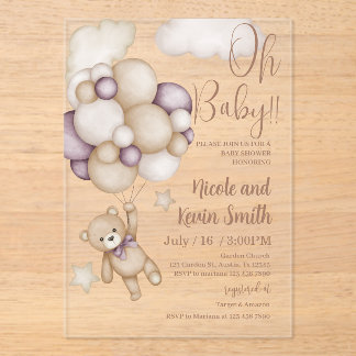 bear with balloons baby shower acrylic invitations