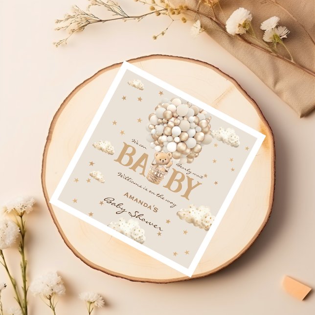 Bear With Balloons Boho Neutral Baby Shower Napkin (Creator Uploaded)