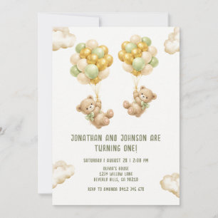 Bear With Balloons Twins First Birthday Invitation