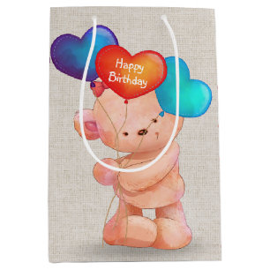 Bear with Birthday Heart Balloons Medium Gift Bag