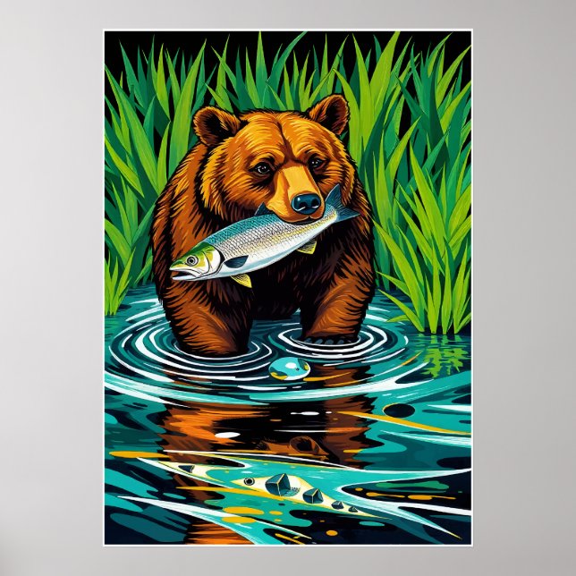 Bear With Catch – Bold Salmon Hunt River Scene Poster (Front)