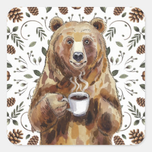 Bear With Coffee Square Sticker