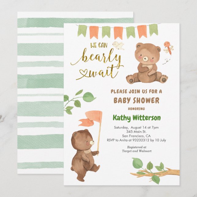  Bear with Eucalyptus  Baby Shower Invitation (Front/Back)