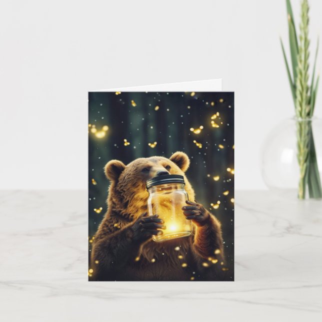 Bear With Fireflies In Jar Note Card (Front)