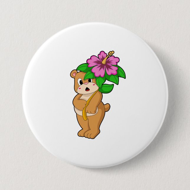 Bear with Flower Hibiscus 3 Inch Round Button (Front)