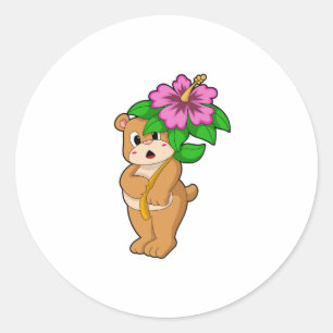 Bear with Flower Hibiscus Classic Round Sticker