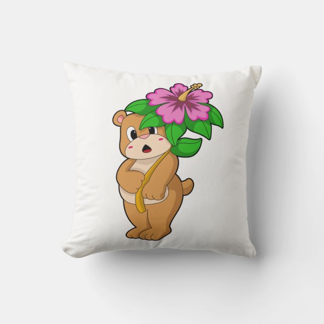 Bear with Flower Hibiscus Throw Pillow (Front)