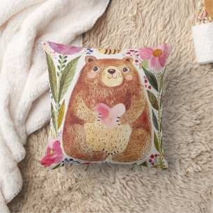 Bear with flowers and a bee throw pillow