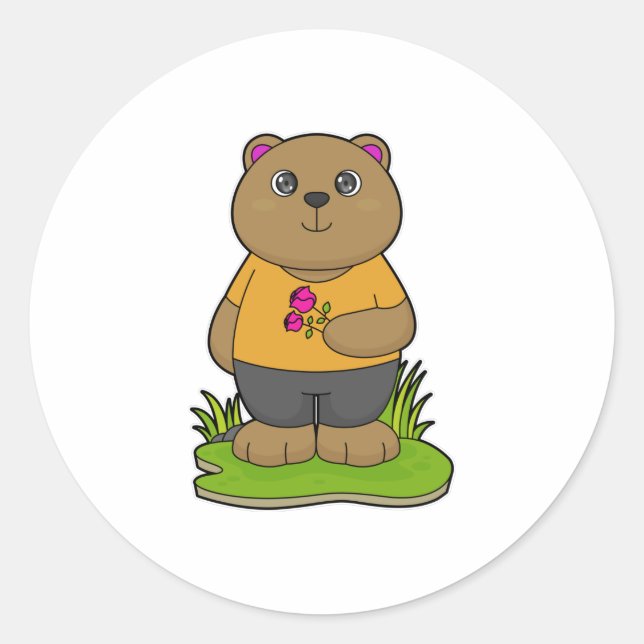 Bear with Flowers Classic Round Sticker (Front)