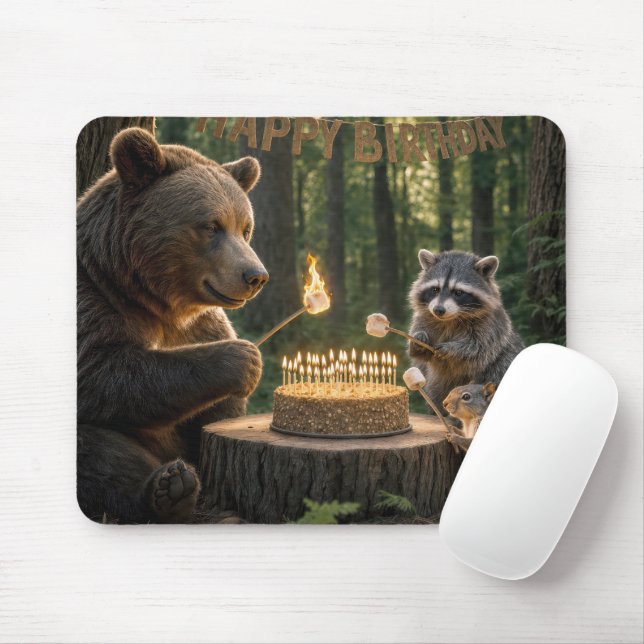 Bear with Friends Roasting Marshmallows Over Cake Mouse Pad (With Mouse)