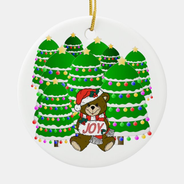 Bear with JOY Sign and Trees Christmas Ceramic Ornament (Front)