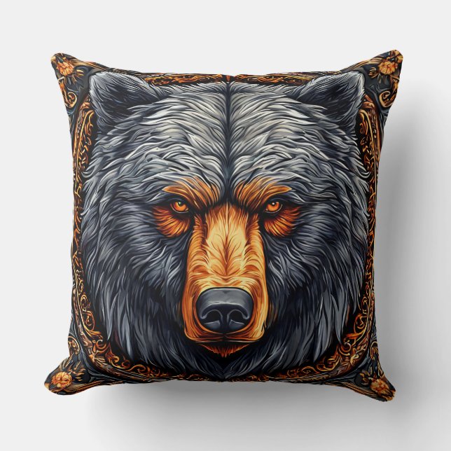 Bear with Ornate Floral Decor Throw Pillow (Front)