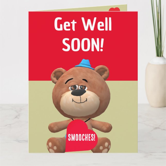 Bear with Red Heart Kids Get Well Soon Card (Front)