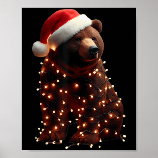 Bear With Santa Hat And Christmas Lights Xmas Brow Poster