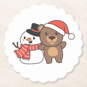 Bear With Snowman In Winter For Christmas Paper Coaster