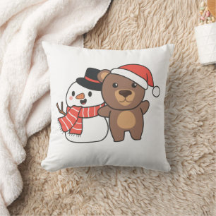 Bear With Snowman In Winter For Christmas Throw Pi Pillow