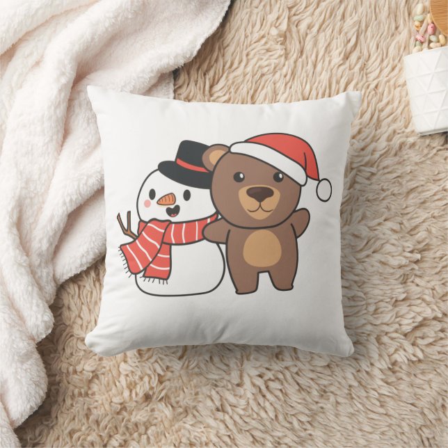 Bear With Snowman In Winter For Christmas Throw Pi Throw Pillow (Blanket)