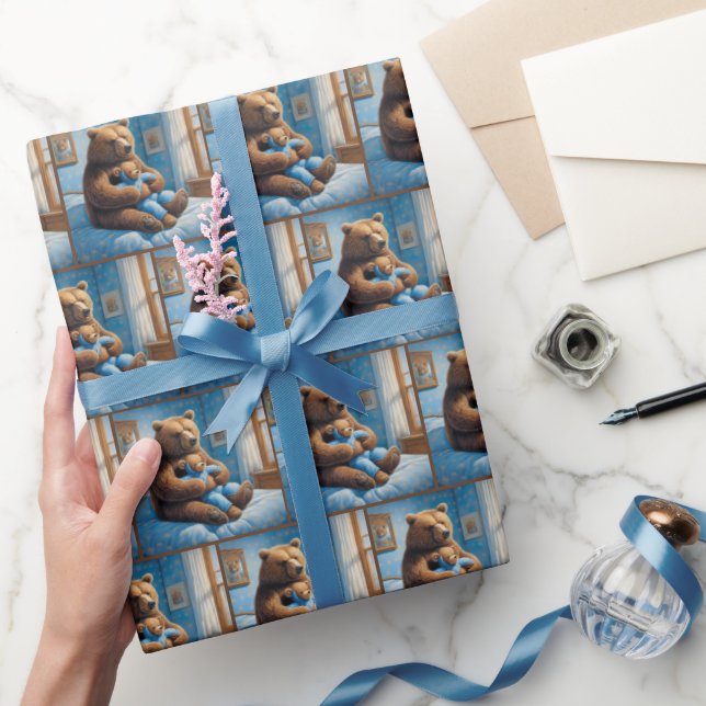 Bear With Teddy Bear On Bed Wrapping Paper (Gifting)