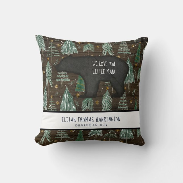 Bear Wood Forest Woodland Baby Nursery Birth Stats Throw Pillow (Front)