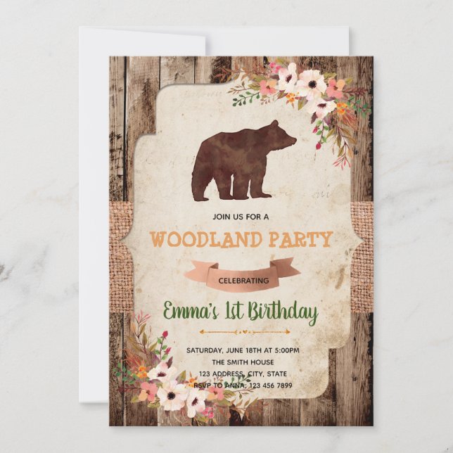 Bear woodland birthday party invitation (Front)