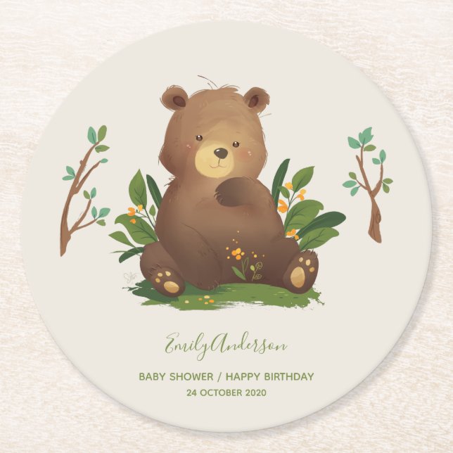 Bear • Woodland Forest Animal Rustic Illustration Round Paper Coaster (Front)