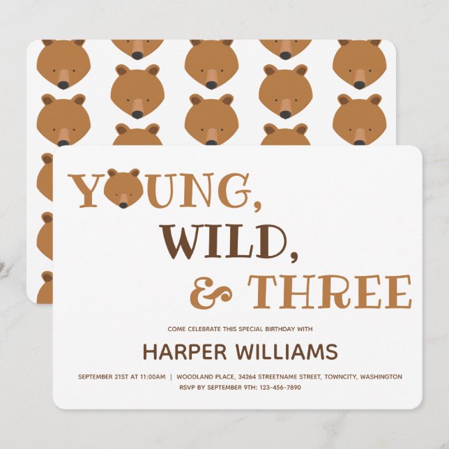 Bear Young Wild Three Kids 3rd Birthday Invitation (Front/Back)