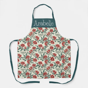 Bearberry and Cream Floral Apron with Green Leaves