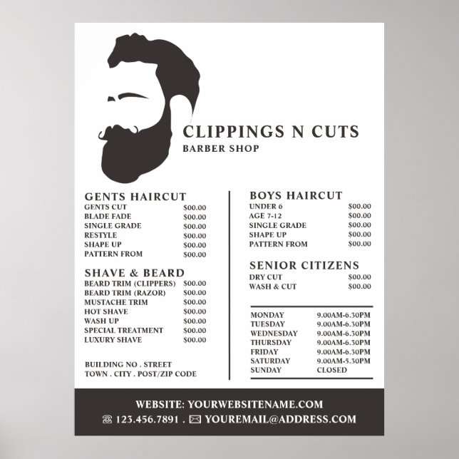 Beard Logo, Men's Barbers Price List Poster (Front)