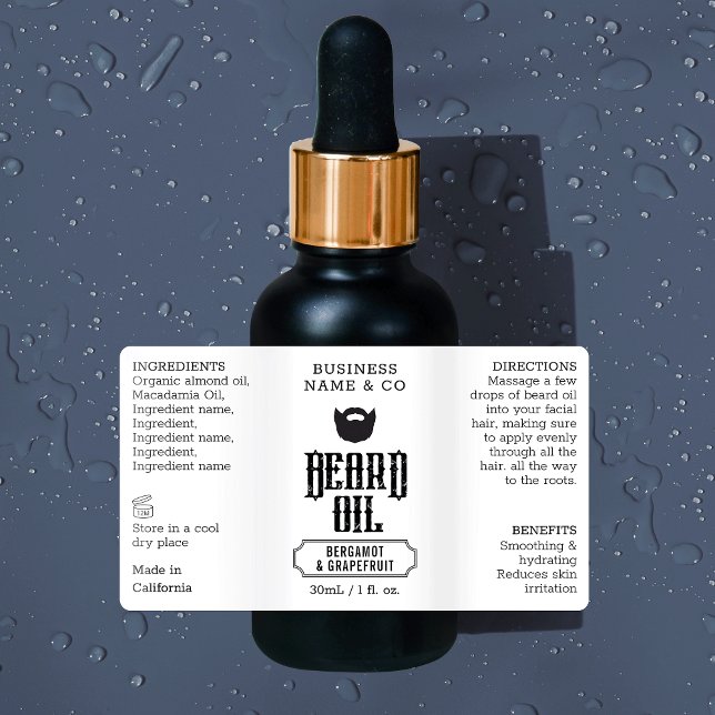 Beard Oil Label Grungy 1 OZ Cosmetic Bottle (Grungy black and white beard oil 1 oz cosmetic bottle wrap around waterproof label *verify size*)