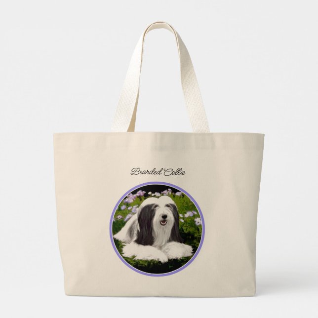 Bearded Collie Beardie Black Painting Cute Dog Art Large Tote Bag (Back)