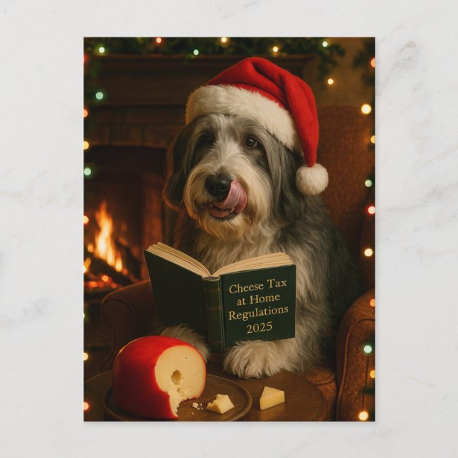 Bearded collie 'Cheese Tax' Christmas postcard (Front)