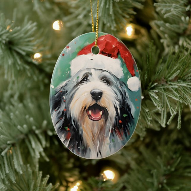 Bearded Collie Christmas brush painting artwork Ceramic Ornament (Tree)