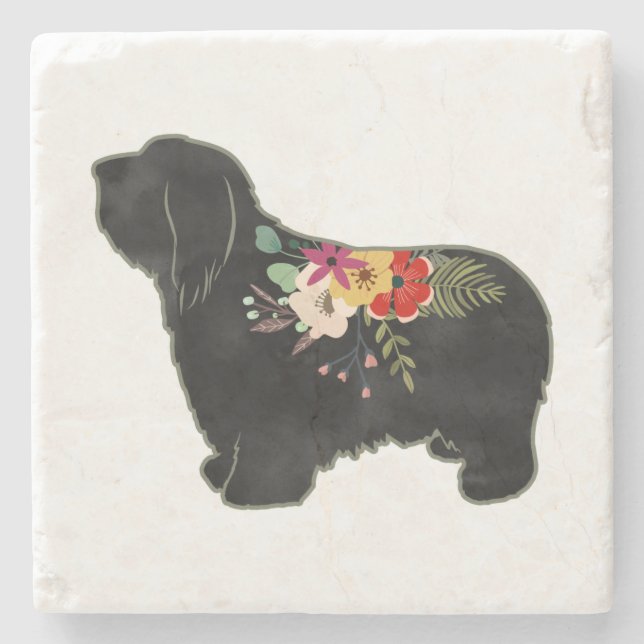 Bearded Collie Dog Breed Boho Floral Silhouette St Stone Coaster (Front)