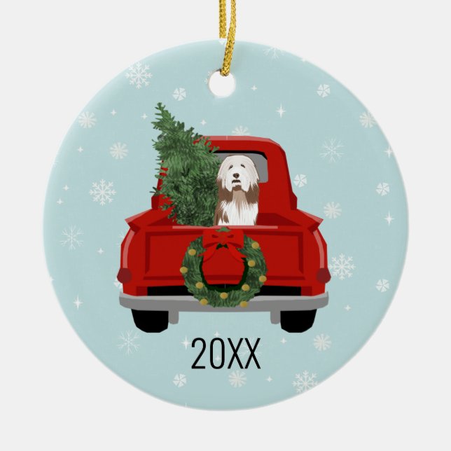Bearded Collie dog red truck Ceramic Ornament (Front)