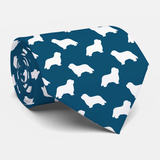 Bearded Collie Dog Silhouettes Pattern Blue Tie (Rolled)