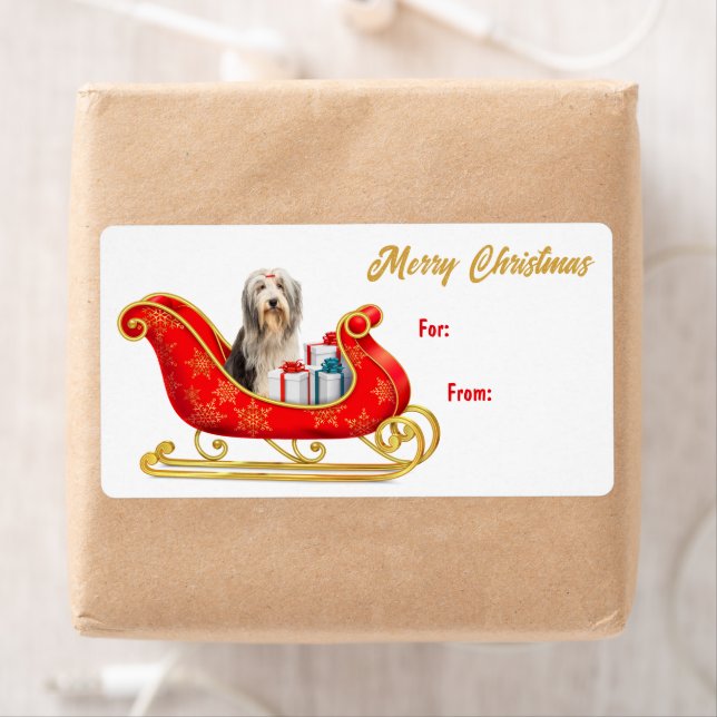 Bearded Collie Dog Sleigh Gift Tag (Insitu)