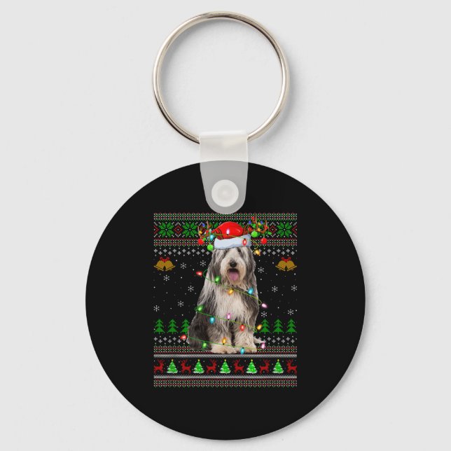 Bearded Collie Dog Ugly Christmas Sweater Holiday  Keychain (Front)