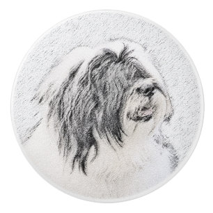 Bearded Collie Drawing - Cute Original Dog Art Ceramic Knob