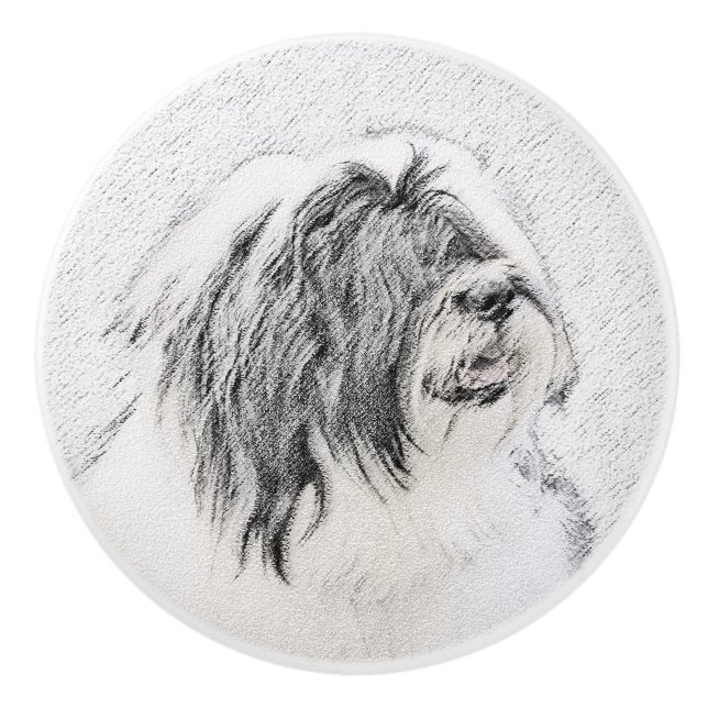 Bearded Collie Drawing - Cute Original Dog Art Ceramic Knob (Front)