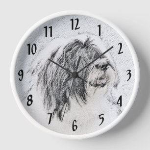 Bearded Collie Drawing - Cute Original Dog Art Clock