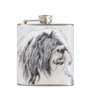 Bearded Collie Drawing - Cute Original Dog Art Hip Flask