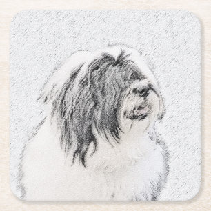 Bearded Collie Drawing - Cute Original Dog Art Square Paper Coaster