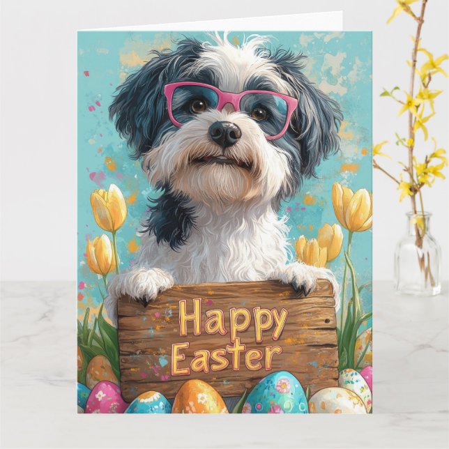 Bearded Collie Easter Eggs Card (Yellow Flower)