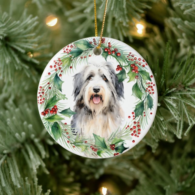 Bearded Collie Holly Wreath Christmas Ceramic Ornament (Tree)