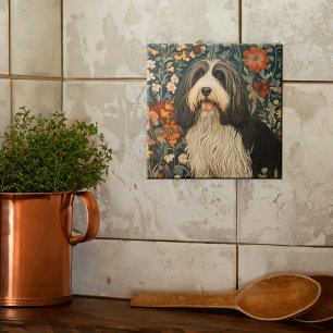 Bearded Collie in a William Morris Style Garden Tile