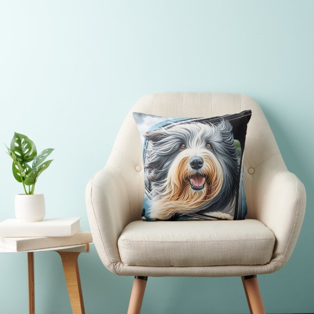 Bearded Collie In Car Window Throw Pillow (Chair)