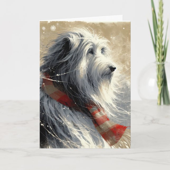 Bearded Collie In Snowflakes Card (Front)