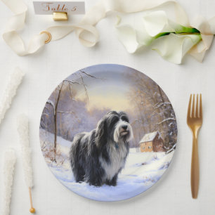 Bearded Collie Let It Snow Christmas  Paper Plate