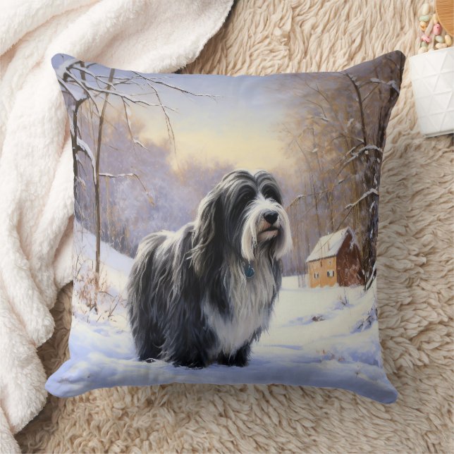 Bearded Collie Let It Snow Christmas  Throw Pillow (Blanket)